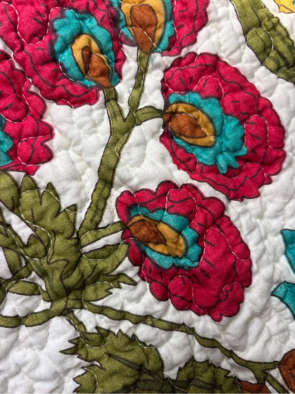 Floral Quilted Bedspread in Teal, Red & Mustard - Home Bedding